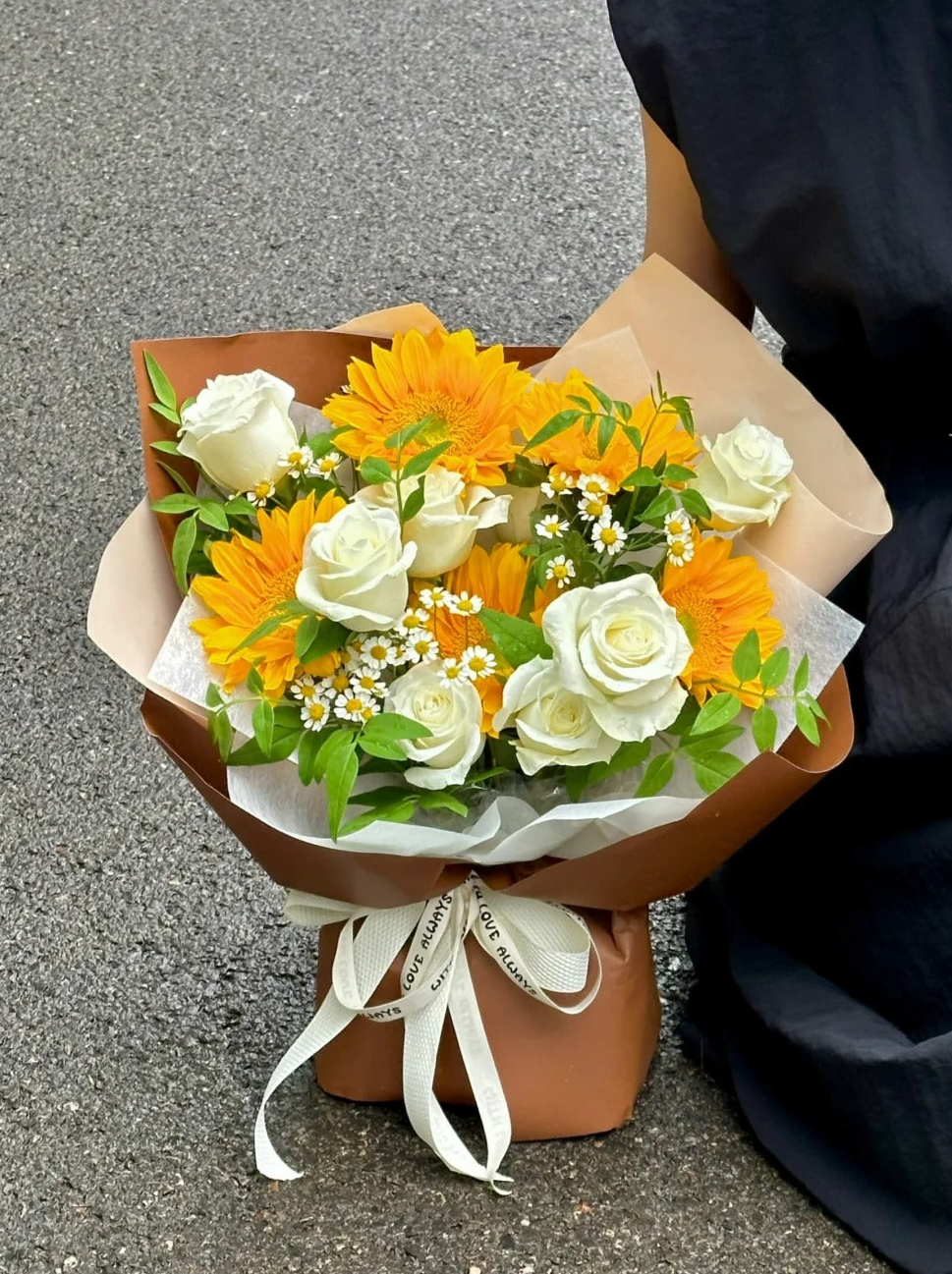 White Roses and Sunflowers Bouquet