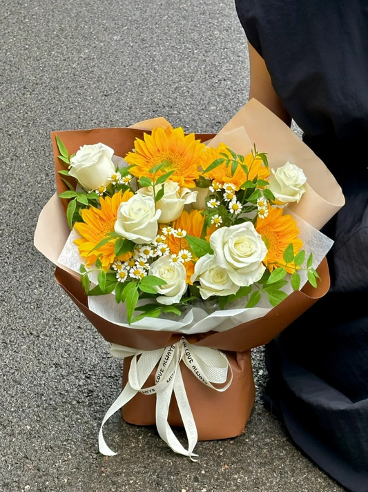 White Roses and Sunflowers Bouquet